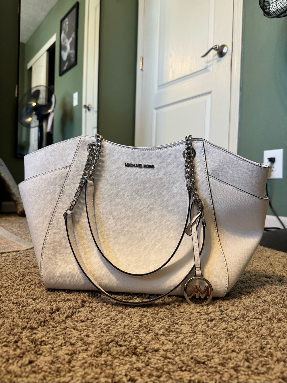 Michael Kors White Saffiano Chain-Handle Crossbody Tote